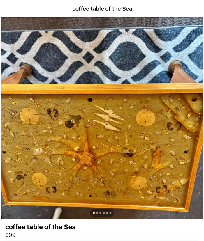Coffee table with embedded seashells and starfish, an example of horrendous DIY projects that needed craft shaming.