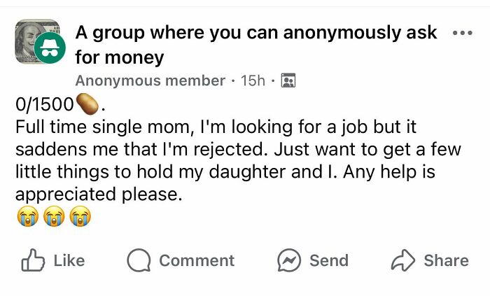Anonymous single mom asks for help with basics for her daughter in an online group focused on money requests