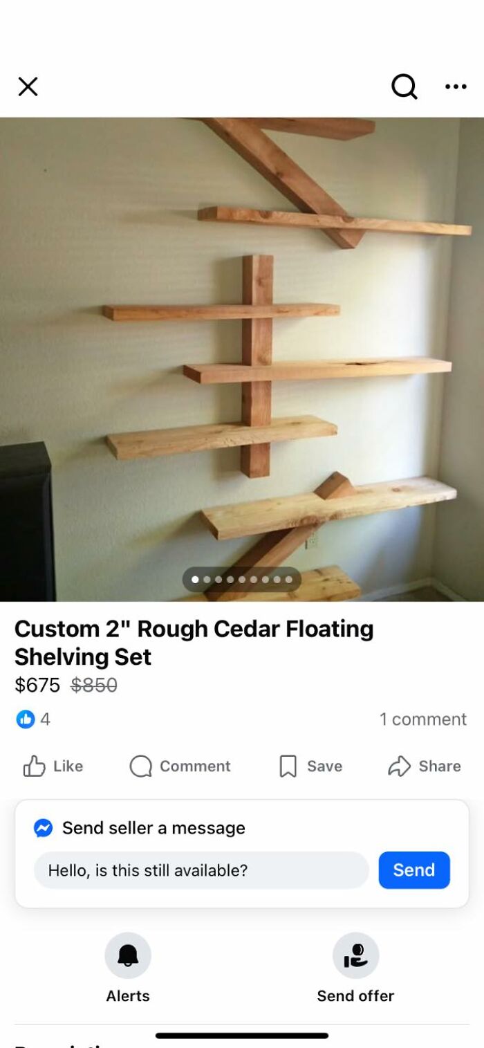Custom rough cedar floating shelving set mounted unevenly on wall, showcasing a DIY project needing craft shaming.