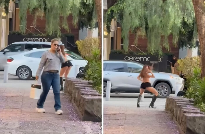 Woman casually walking while influencer behind her performs wild dance for views on a city street with trees and cars
