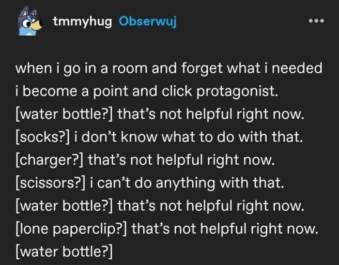 Relatable meme about forgetting what you needed and getting distracted by random objects like water bottles and socks.