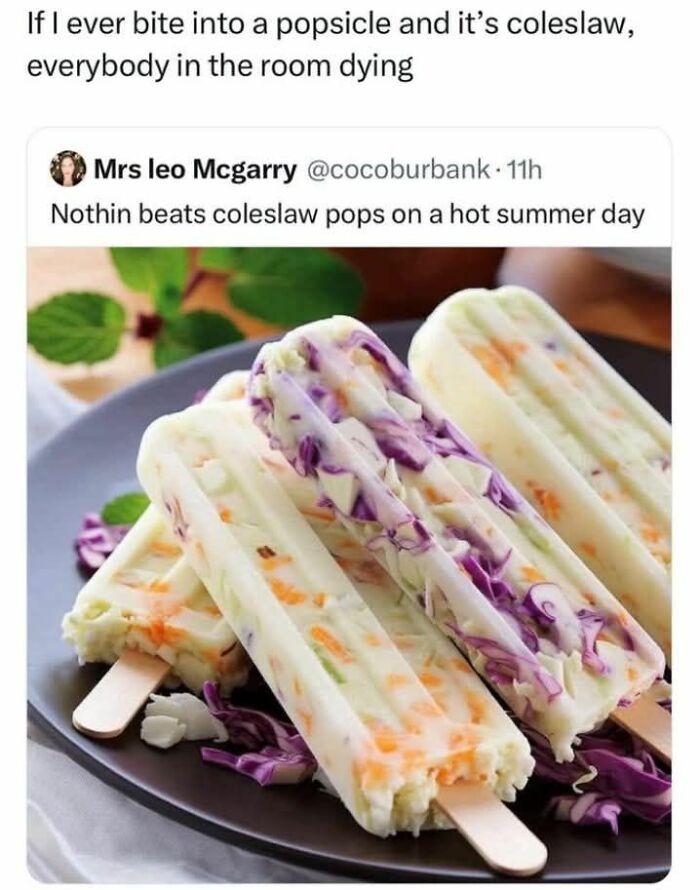 Coleslaw popsicles on a plate, an example of horrible crafts that netizens couldn’t help but shame.