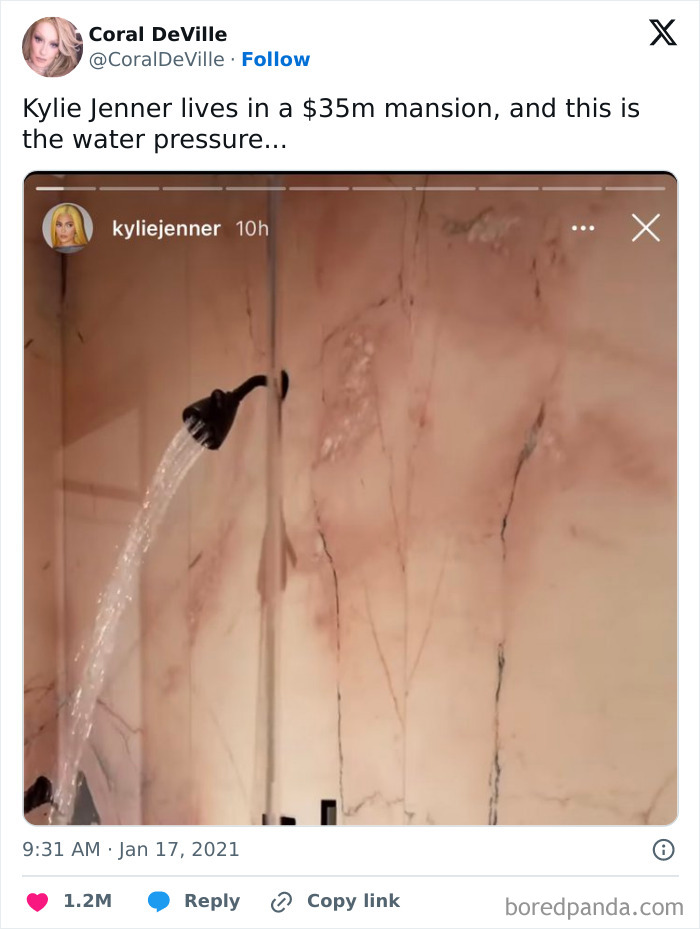 Funny meme showing low water pressure in luxury mansion shower, highlighting a humorous contrast in living conditions.
