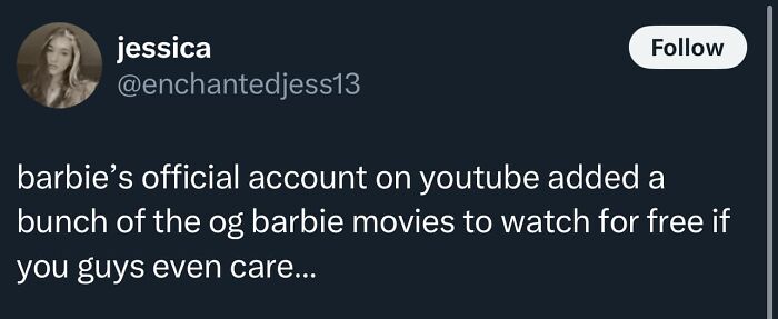 Screenshot of a social media post mentioning Barbie movies, relevant to a Facebook group connecting people outside Millennial and Gen Z culture.