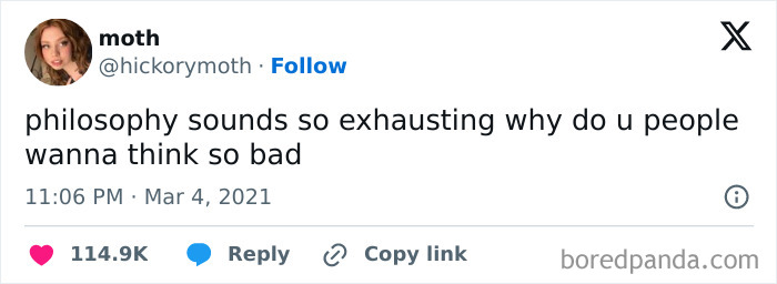 Tweet text about philosophy being exhausting and relatable humor from funny memes about therapy being expensive.