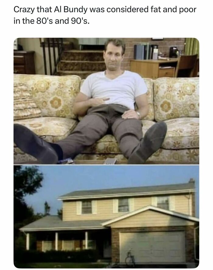 Man lounging on a floral couch and a suburban house, funny posts about Al Bundy from 80s and 90s sitcom humor.