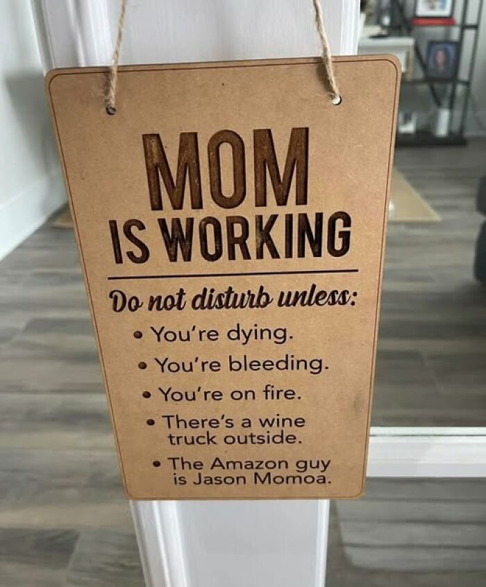 Funny sign hanging on door humorously warning not to disturb mom unless there is chaos or an emergency happening.