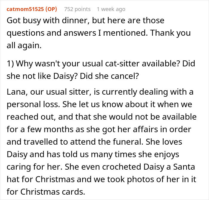 A screenshot of a forum post discussing issues with a cat-sitter and reasons for refusing to pay the cat-sitter.