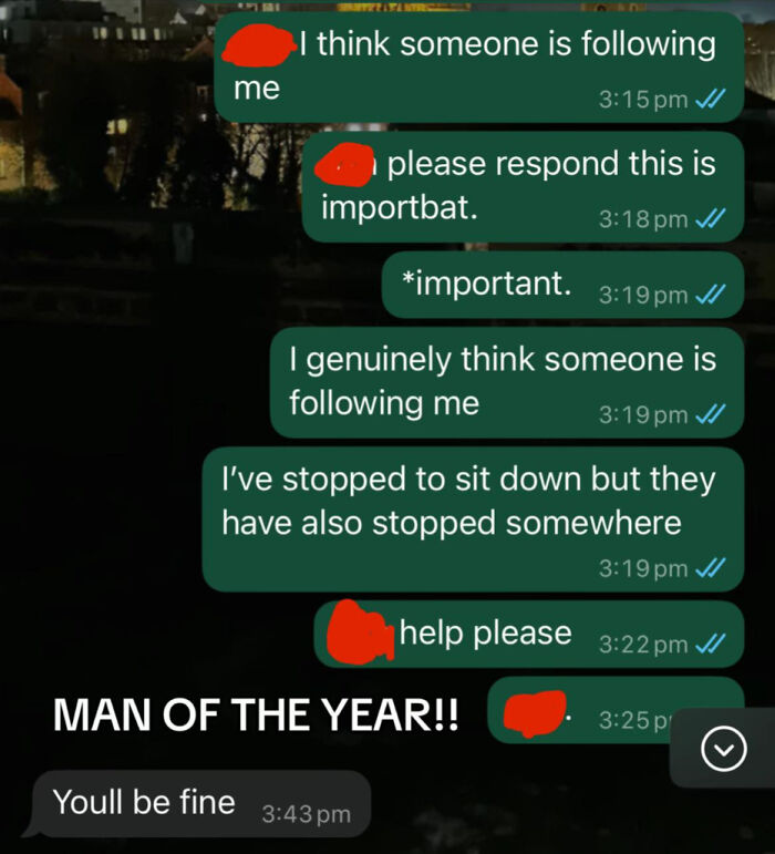 Screenshot of a woman’s unhinged text messages to nominate a man of the year in a chaotic conversation.