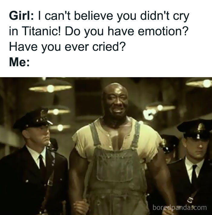 Meme featuring a nostalgic reaction to Titanic, with a crying character escorted by two police officers.