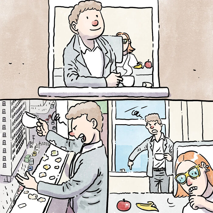 Comic panels depict life with a dog and cat, showing heartfelt moments and daily interactions without words.