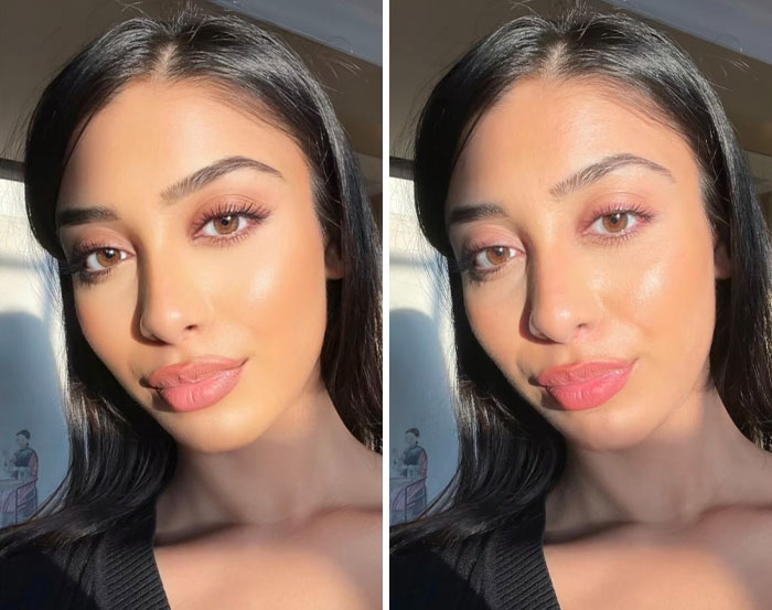 Young woman showing the difference between filtered and unfiltered selfies highlighting natural beauty and skin texture.