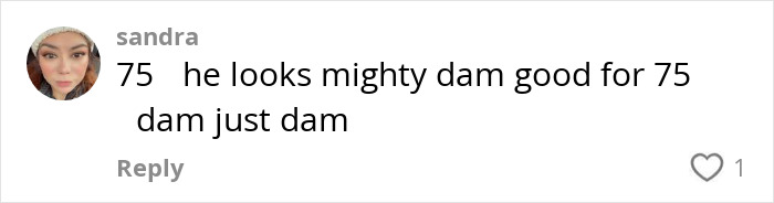 Comment praising a famous 80s rockstar's shirtless performance, noting he looks great for 75.