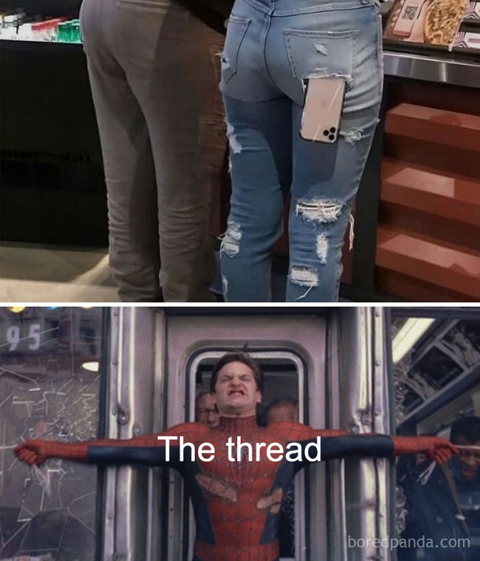 Woman with ripped jeans holding phone in pocket above a stretched thread, funny meme about clothing and tension.