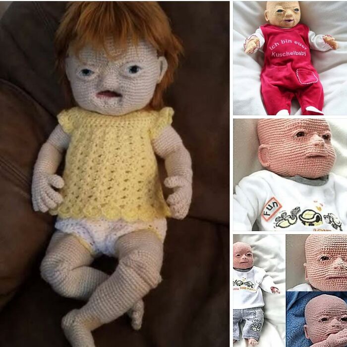 Crocheted dolls with distorted faces showcasing horrible crafts that netizens couldn’t help but shame for their unsettling appearance.