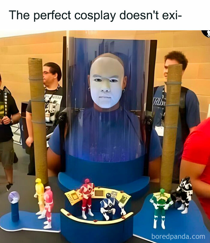 Cosplayer in a detailed Power Rangers costume with miniature figures, attracting fans who relate outside Millennials or Gen Z.
