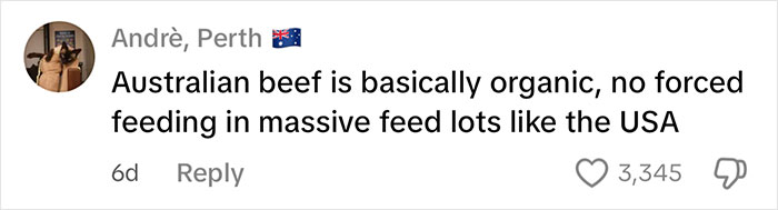 Social media comment discussing Australian beef being organic compared to US products amid China dropping US goods.