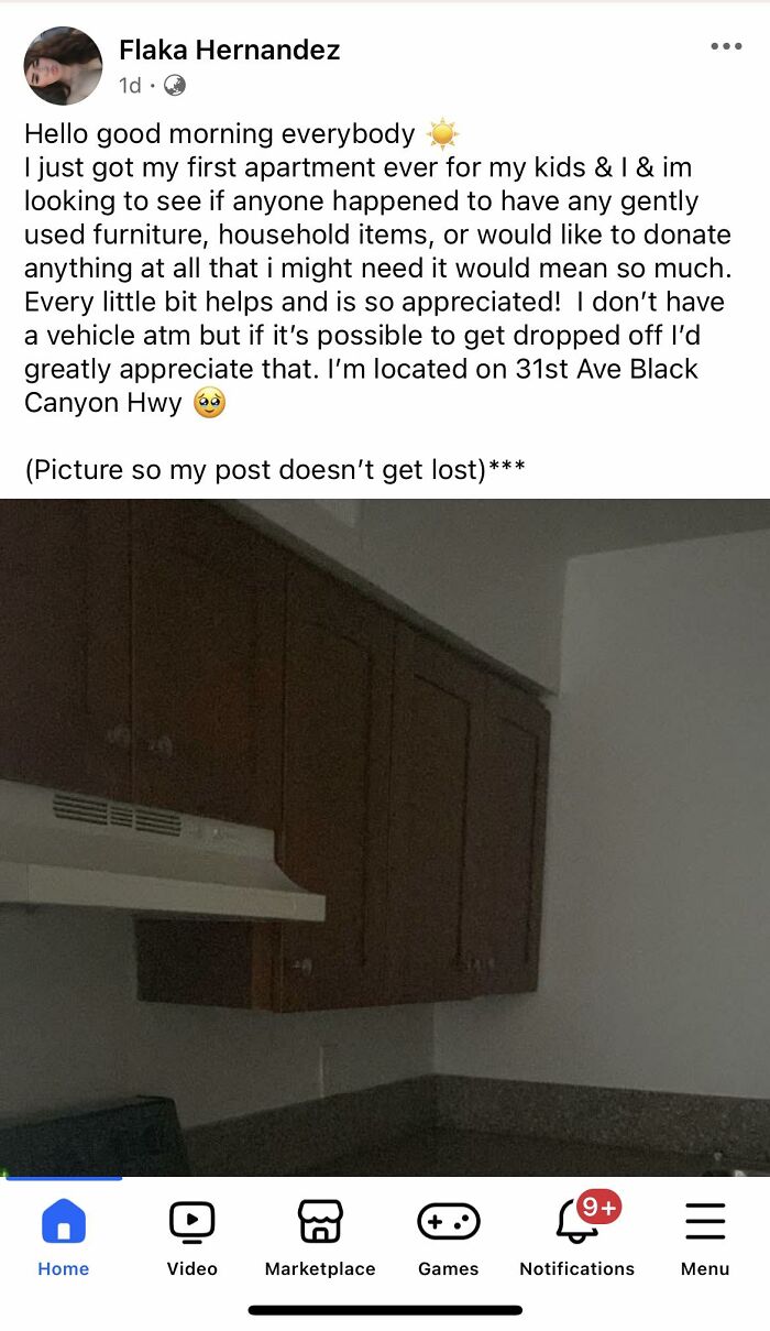 Single mom requesting donations for furniture and household items for her first apartment, showing empty kitchen cabinets.