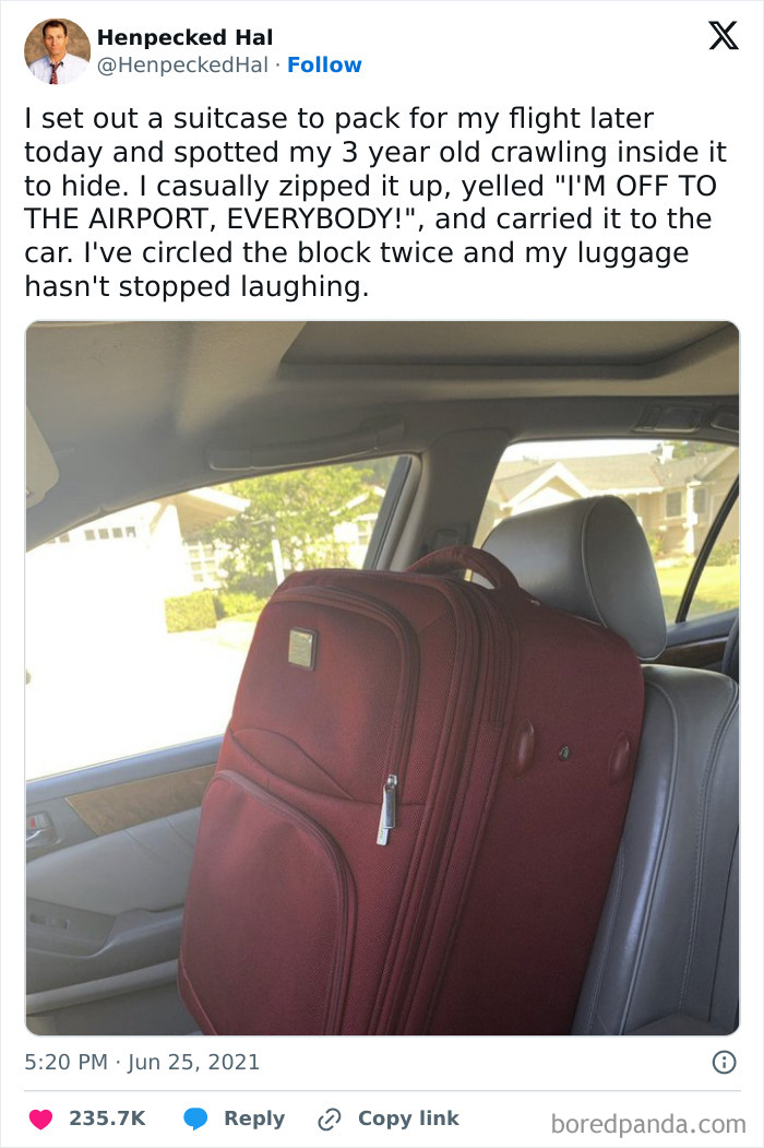 A large maroon suitcase placed on a car seat, highlighting a feel-good moment from wholesome posts.