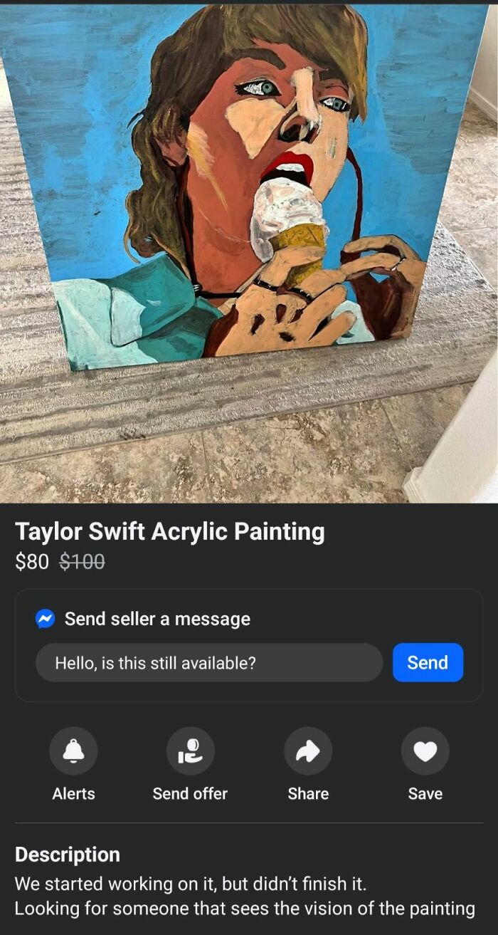 A DIY acrylic painting of a person eating ice cream, showcasing a craft shaming example of a poorly executed project.