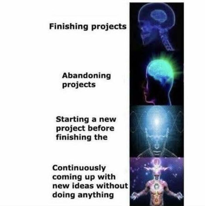 Four-stage brain meme illustrating different project habits, highlighting relatable memes about starting and abandoning projects.