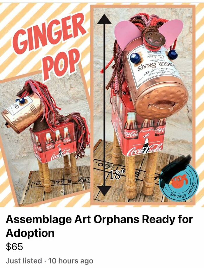 Unusual shabby assemblage art craft made from soda cans and household items, featured in horrible crafts collection online.
