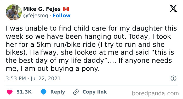 Tweet showing a wholesome moment between father and daughter enjoying a run and bike ride, spreading feel-good positivity.