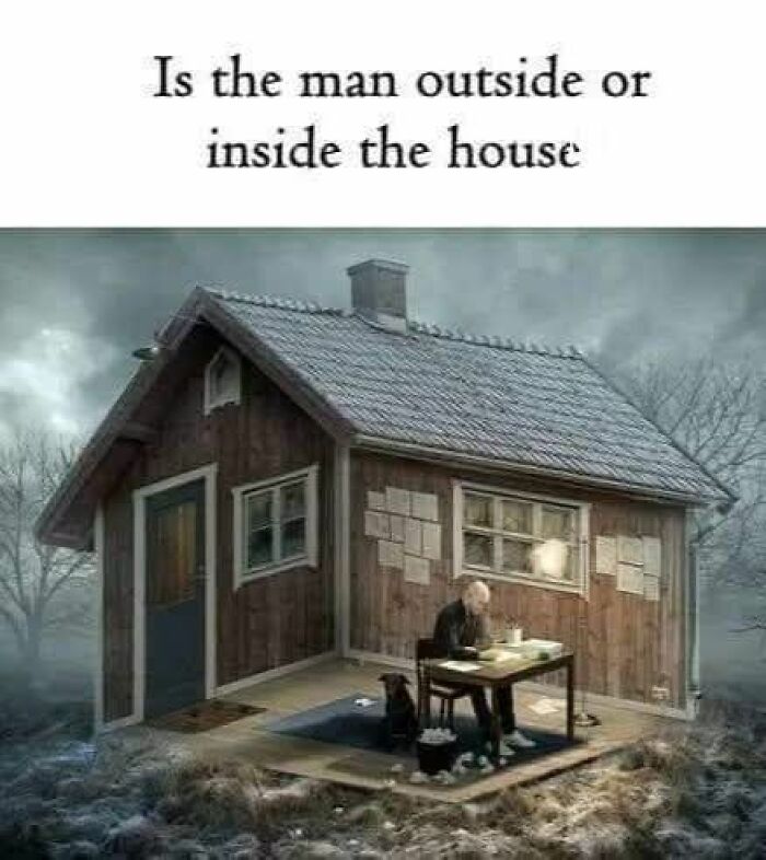 Surreal meme showing a man sitting at a desk with a dog on a half house, a funny meme to lighten a hard day.