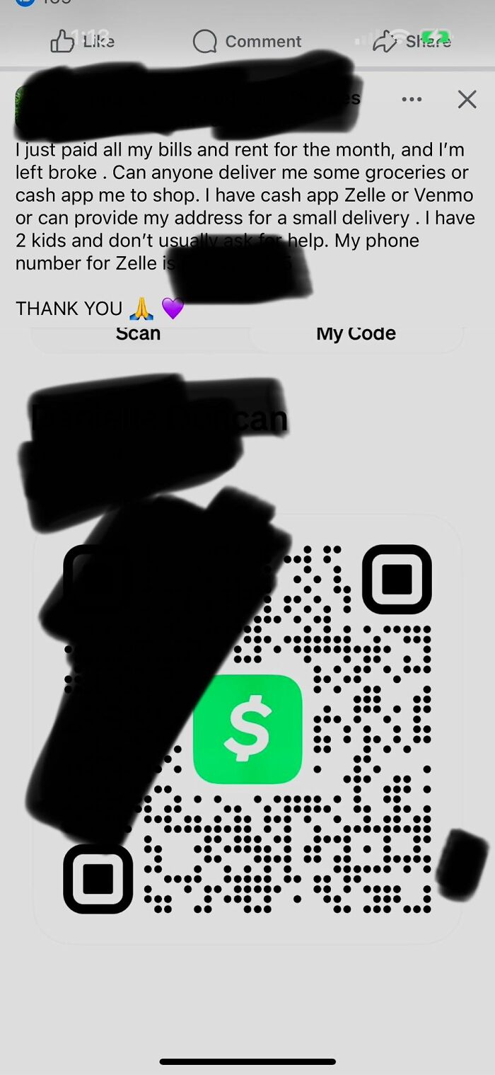 Social media post from entitled single mom asking for grocery delivery or cash app donations with QR code for payment.