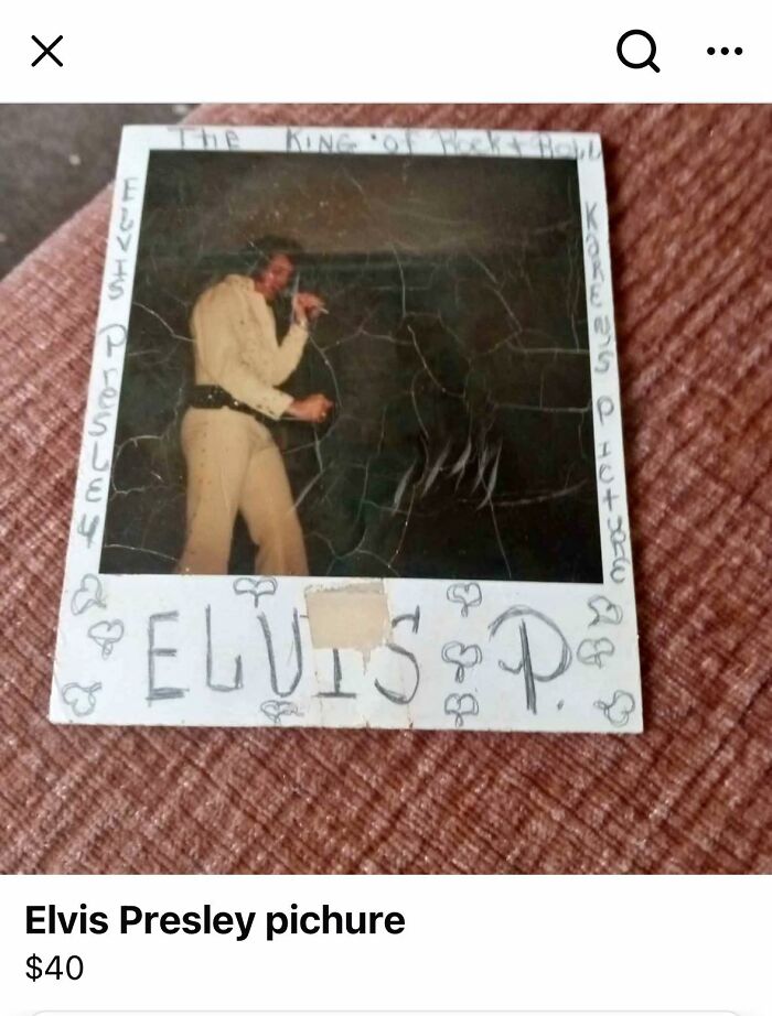 Polaroid photo of Elvis Presley with homemade handwritten frame, an example of horrendous DIY craft projects to be shamed.