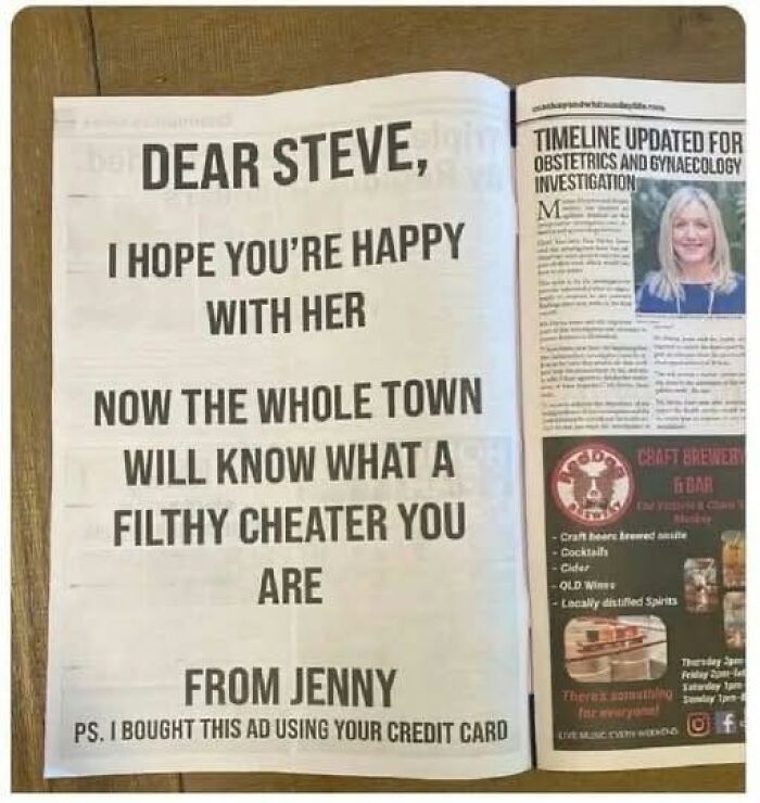Newspaper ad exposing a cheating scandal using a credit card, showcasing a hilarious sign adding chaos to the world.