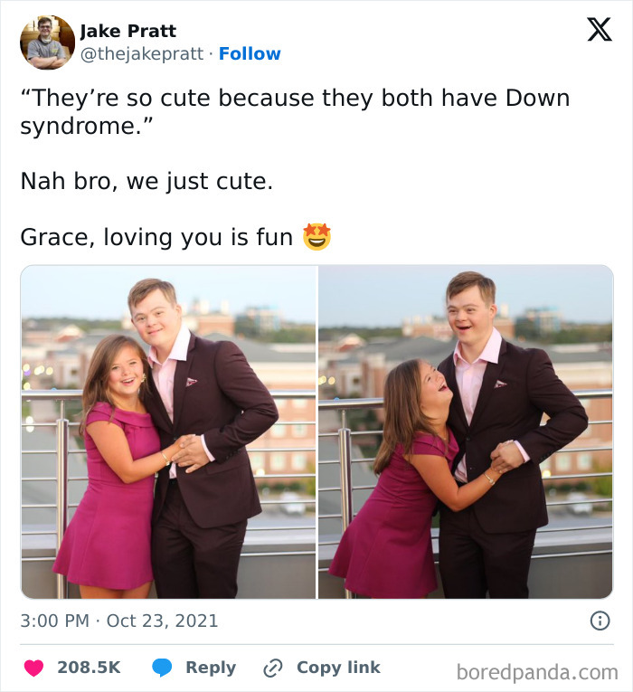 Tweet by Jake Pratt about a boy and girl with Down syndrome smiling and dancing, capturing wholesome feel-good moments.