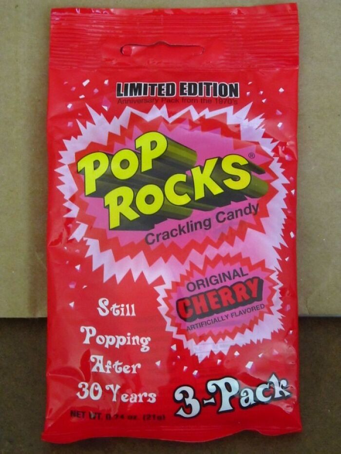 Red Pop Rocks cherry candy limited edition pack with 3 pieces, crackling candy still popping after 30 years, historical facts inspiration.