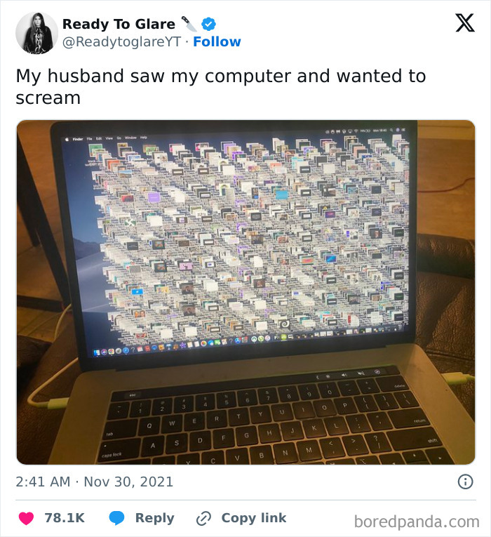 Laptop screen cluttered with hundreds of overlapping icons and windows, showing clueless partner humor in relationships.