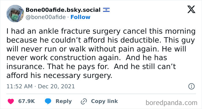Tweet about denied ankle surgery due to unaffordable deductible, highlighting trauma and suffering across generations.