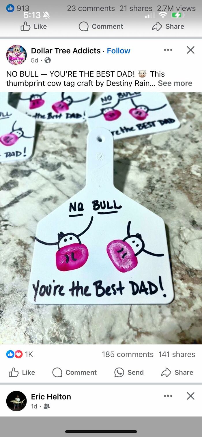 Thumbprint cow tag craft with humorous message saying No Bull You're the Best Dad, part of horrendous DIY projects to be shamed