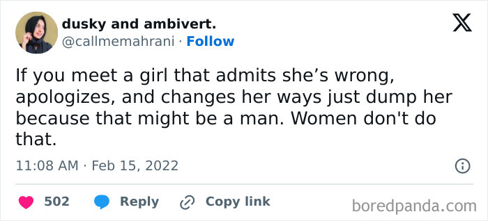 Tweet about relationships, highlighting the exhausting nature of admitting fault, apologizing, and changing in a partner.