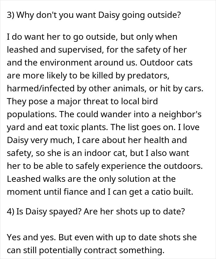 Cat sitter refusal debate with concerns about cat safety, outdoor risks, and supervised leashed walks for indoor cats