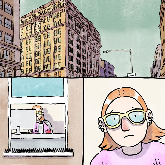 Illustration of a person with glasses indoors looking outside, part of heartfelt wordless comics about life with a dog and a cat.