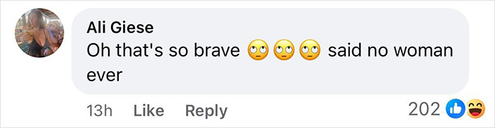 Comment by Ali Giese expressing sarcasm about bravery, reacting to an Olympic star bragging about walking runway on her period. Comment by Ali Giese expressing sarcasm about bravery, reacting to an Olympic star bragging about walking runway on her period.