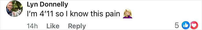 Comment by Lyn Donnelly saying "I&rsquo;m 4&rsquo;11 so I know this pain" with a facepalm emoji, receiving 5 likes and a heart reaction.
