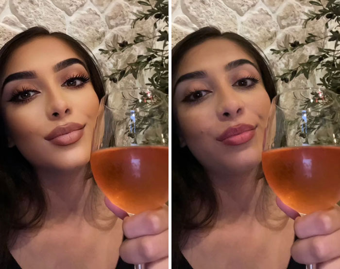 Woman showing difference in appearance with filters vs without filters while holding a glass of rose wine indoors.