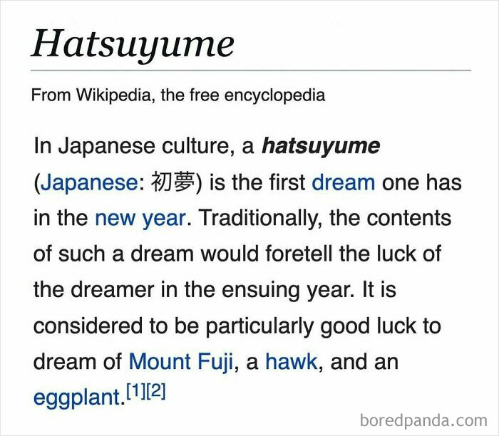 Snippet from Wikipedia explaining hatsuyume, the first dream of the new year in Japanese culture, with luck symbols like Mount Fuji and a hawk.