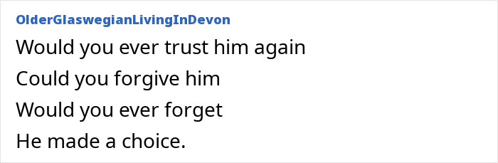 Text post with questions about trust and forgiveness after a man regrets leaving his wife following his hospital stay.