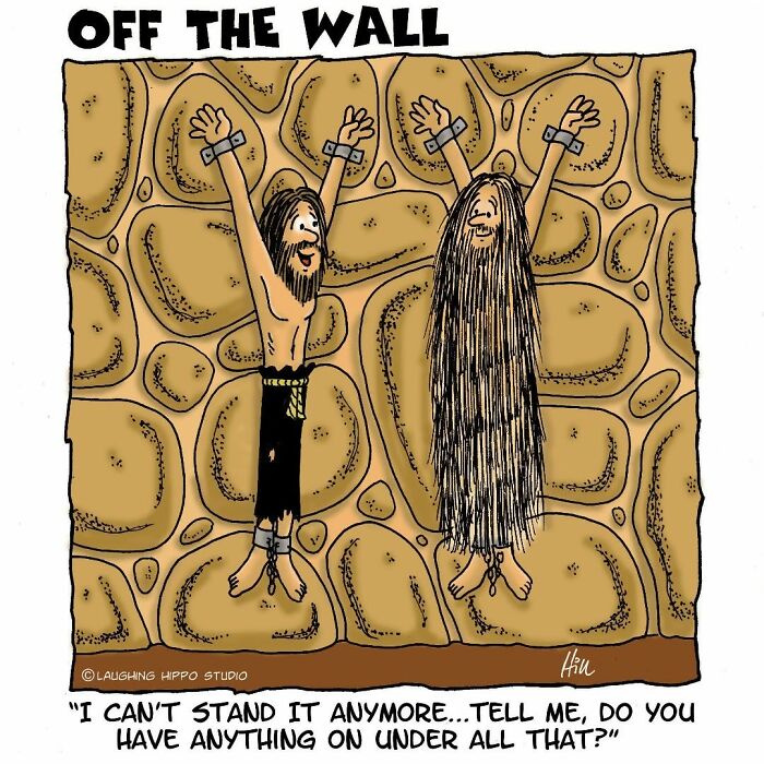 Two cartoon characters chained to a stone wall in a dungeon, humorously depicting a dungeon fail moment.