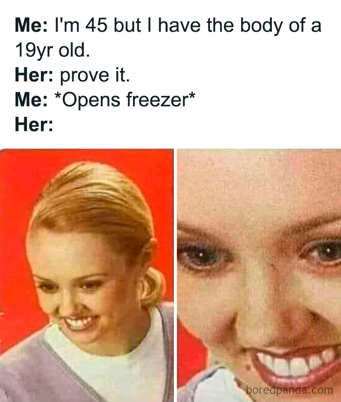 Woman with a mischievous smile in a funny meme illustrating a joke about having the body of a 19-year-old.