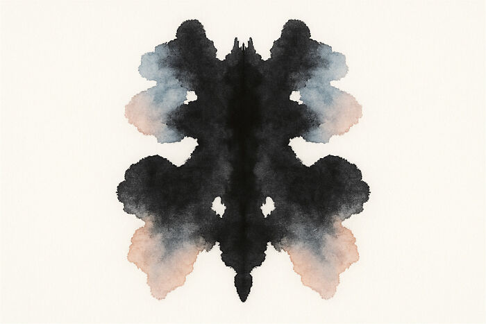 Rorschach inkblot test with symmetrical black and gray ink shapes on a white background for psychological poll.