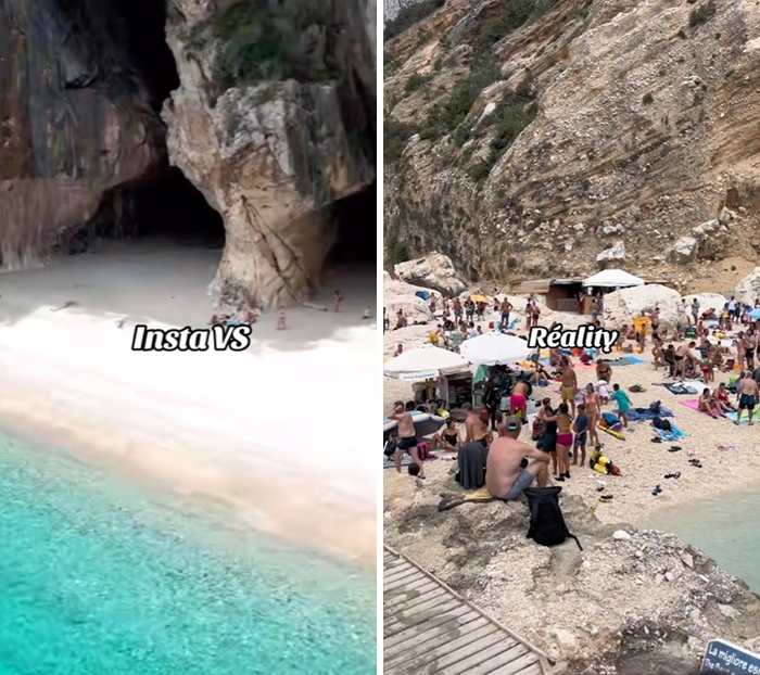 A comparison of Instagram versus reality travel moments showing an empty beach and the same crowded beach scene.