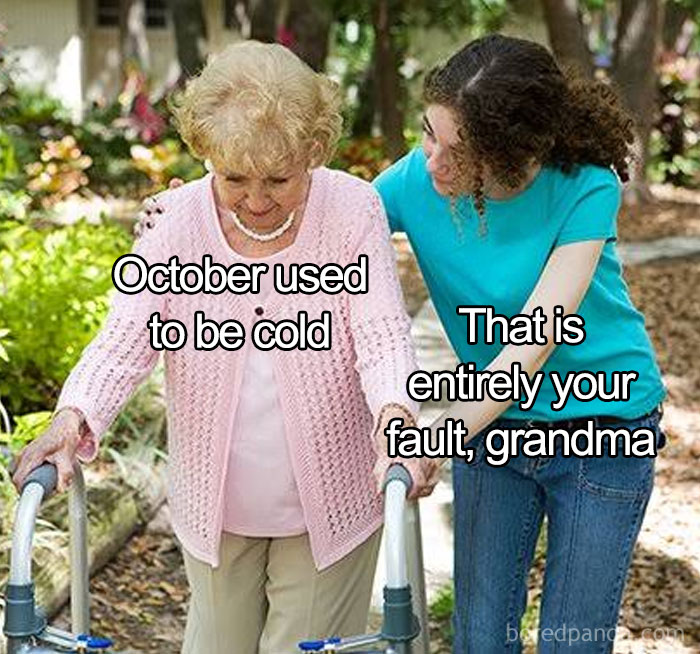 Older woman with walker and younger woman outdoors sharing a meme about climate change explained in the meme community.