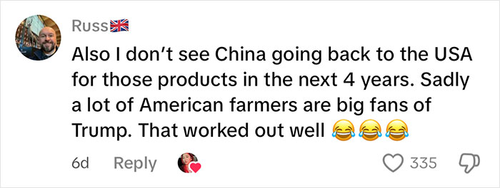 Comment from Russ with UK flag discussing China dropping US products and impact on American farmers with laughing emojis.
